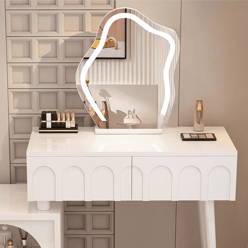 White Simplistic Large/Standard Vanity Set with Reclaimed Wood Table Top and Mirror Lights