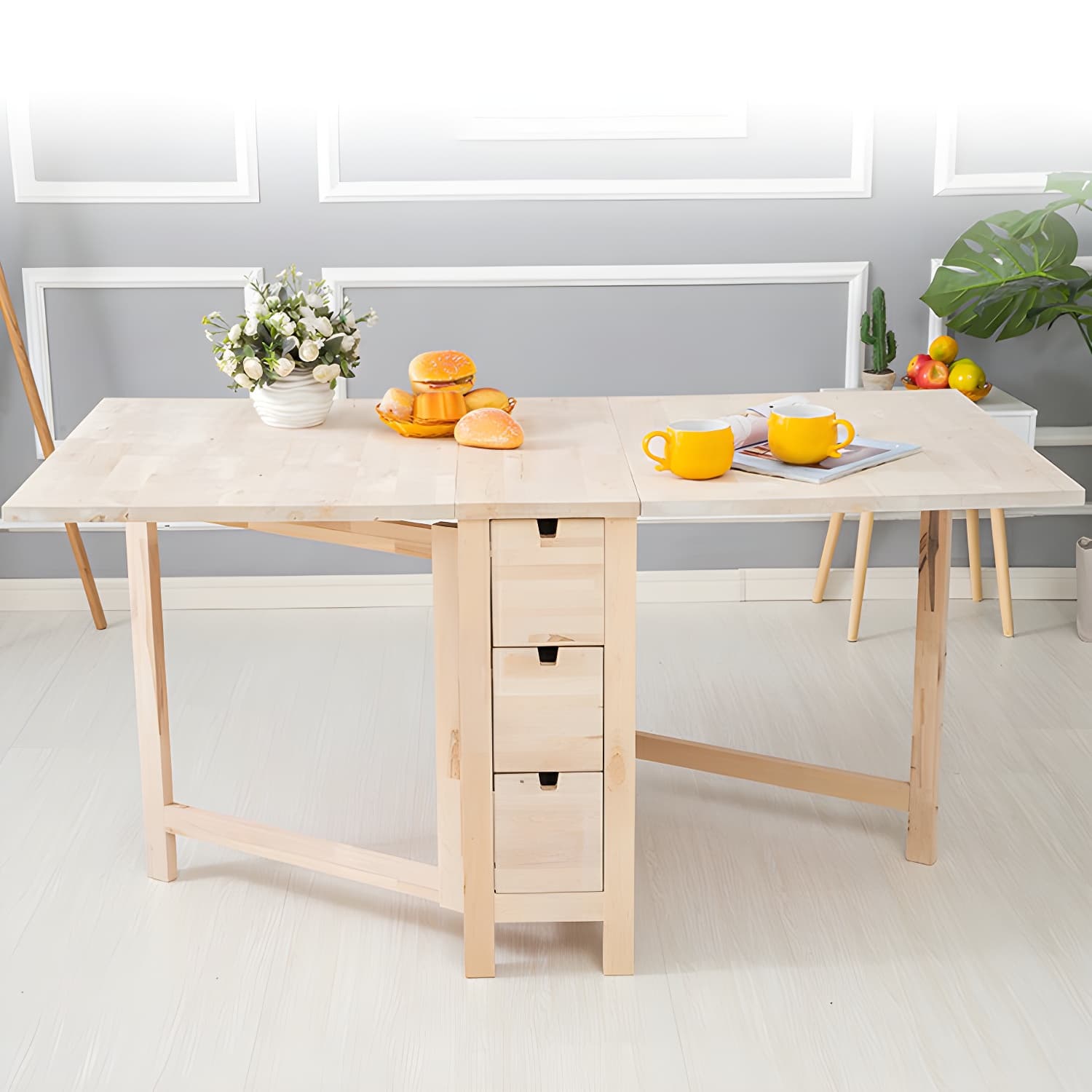 Modern Birch Wood Drop Leaf Rectangle Kitchen & Dining Table with Pedestal Base and Storage Included - image 12