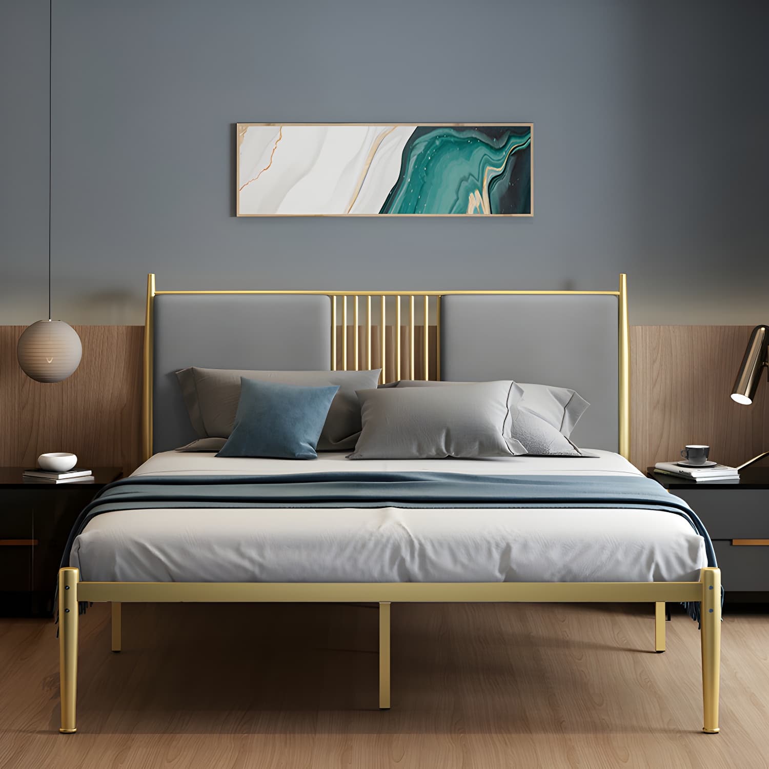 Golden Metal Bed Frame Set Glam 47.24" H Wire-Grid Open-Frame Bed with Headboard - image 3