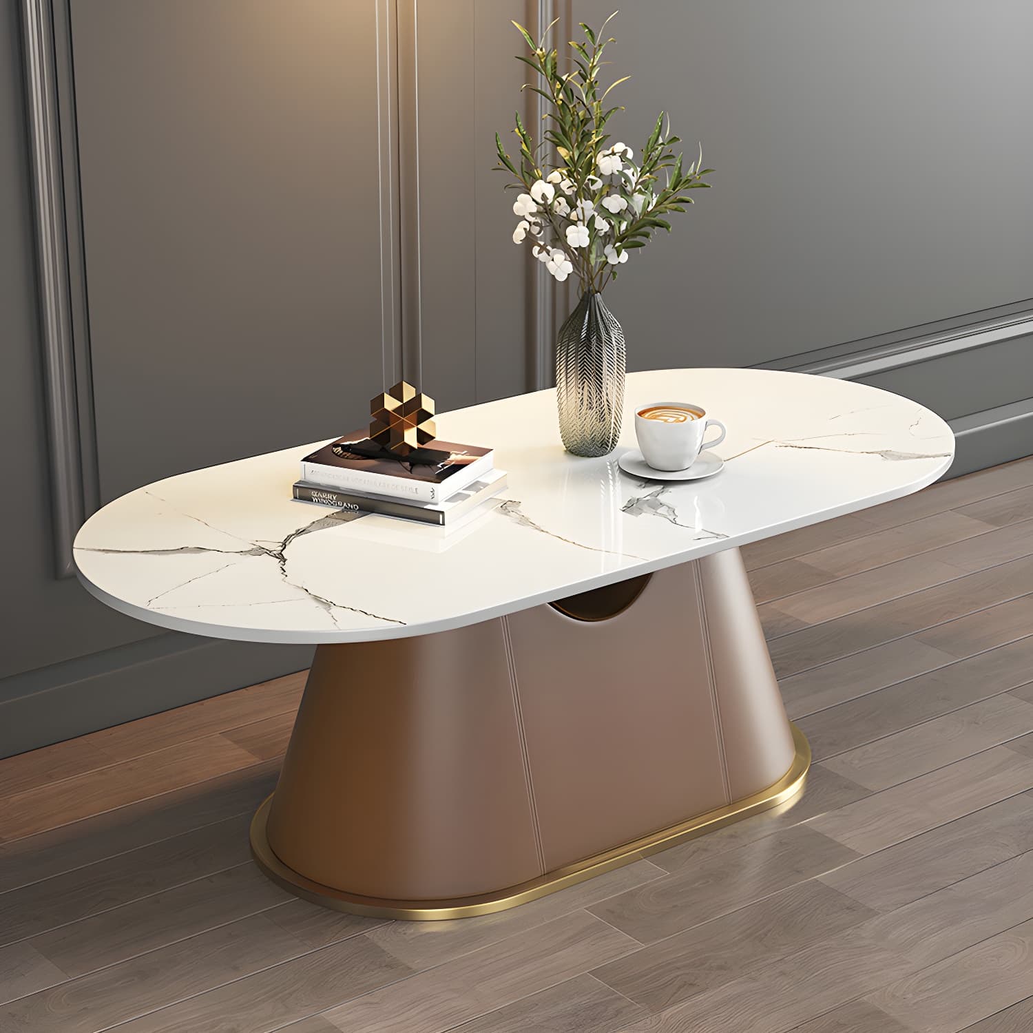 Glam Oval Stone Coffee Table with Pedestal Chrome Base - Scratch Resistant - image 4