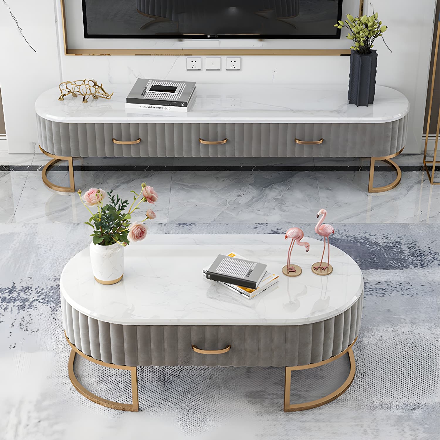 Scandinavian TV Stand Imitation Marble Enclosed Storage TV Console with Drawers - image 13