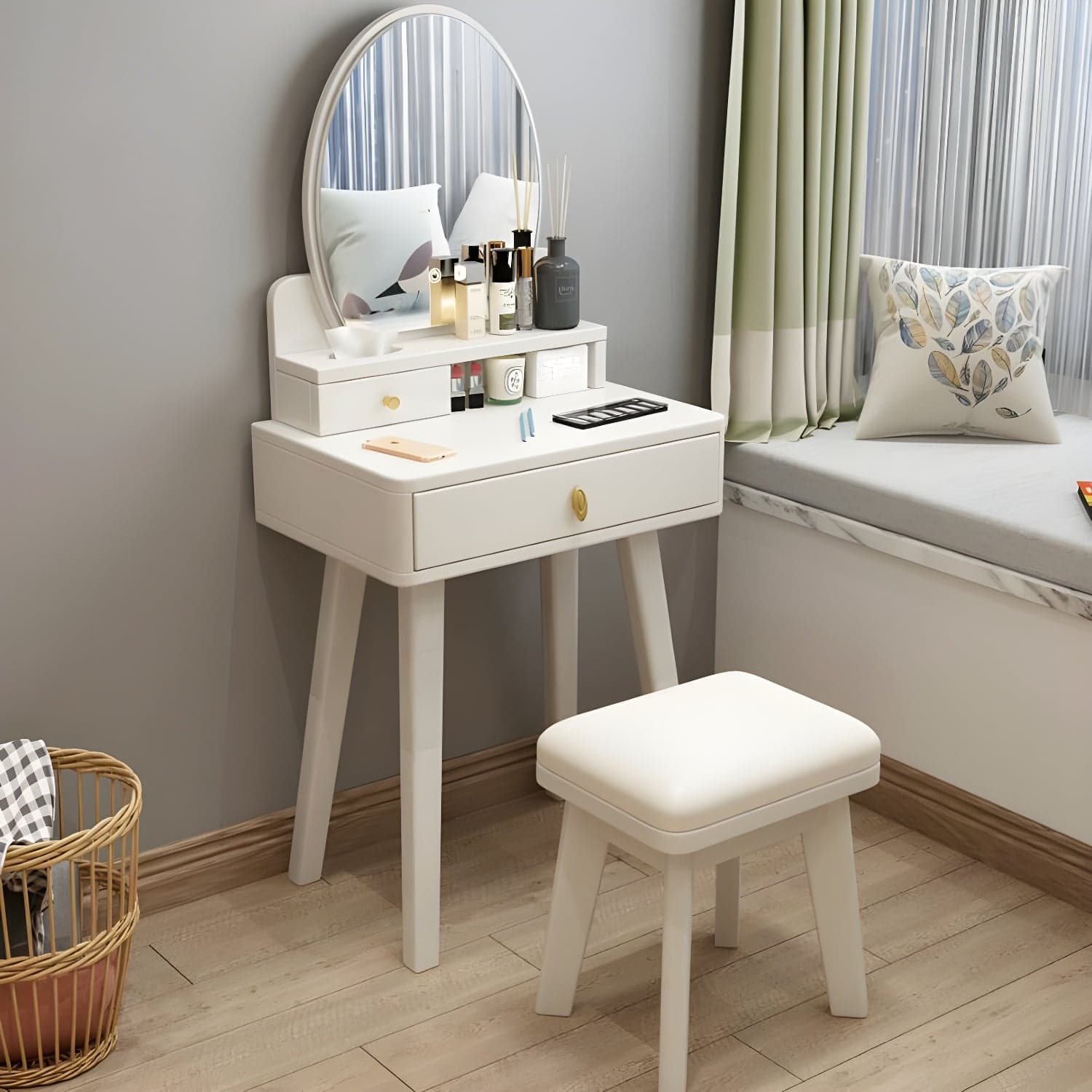 Modern Wood Makeup Vanity with Drawers, Mirror & Upholstered Chair - image 4