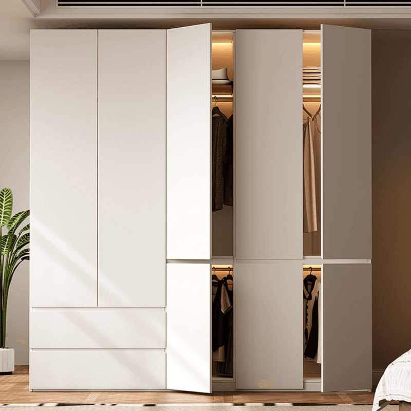Chalk Modern Natural Wood Standalone Almirah with Soft Close Drawer, Interior Shelves, and Hanging Rod