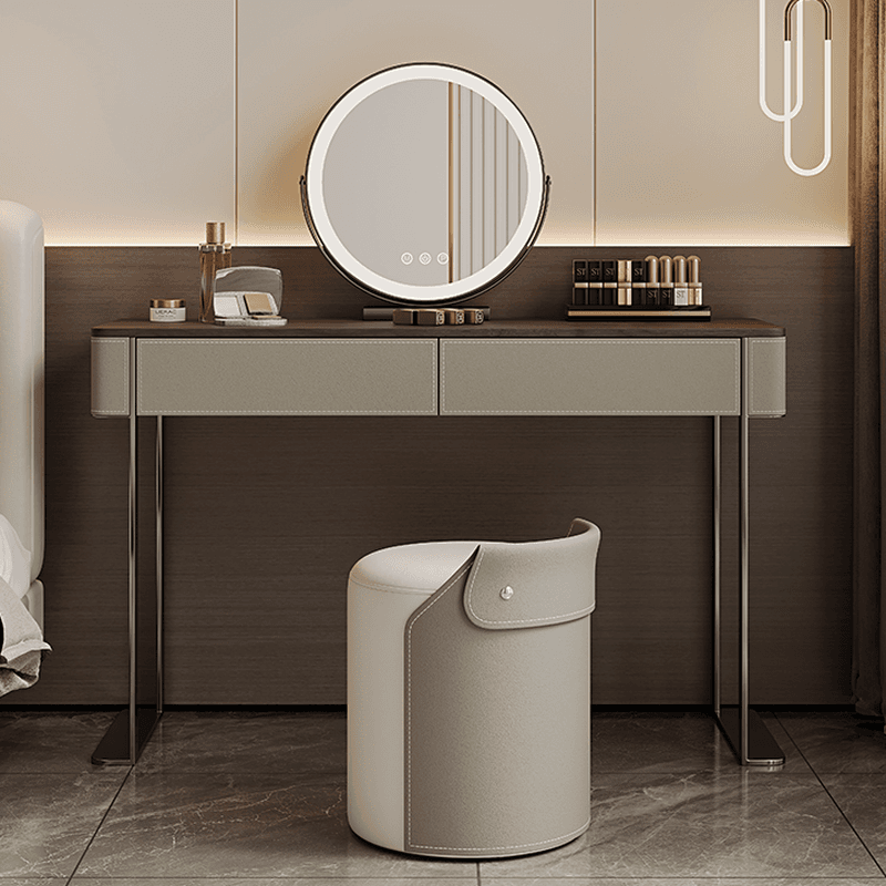 Modish Standard Vanity Set with Timber Table Top, White Chair, 2 Drawers, and Mirror Lights