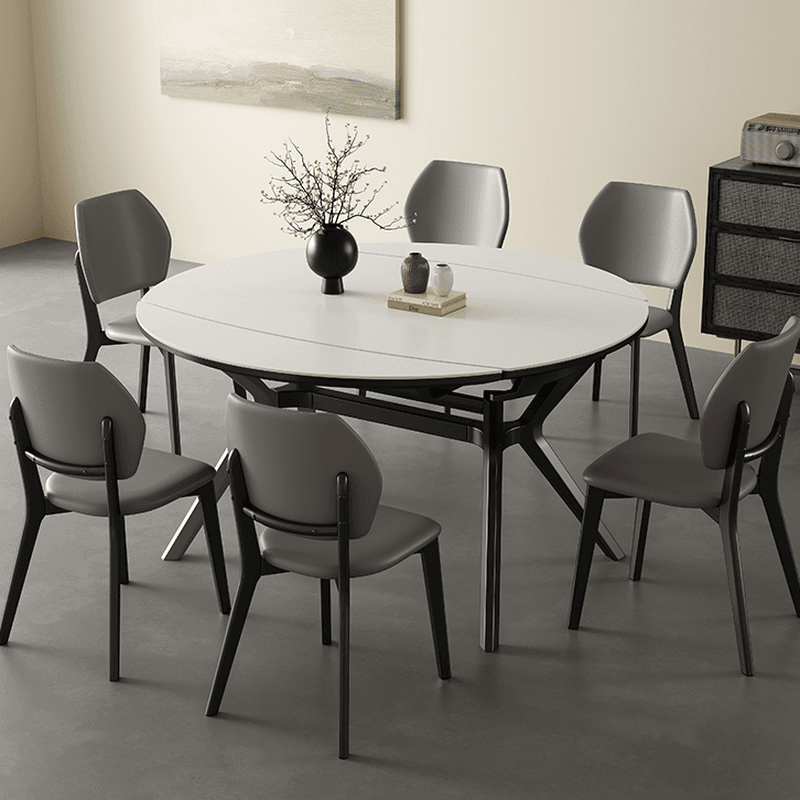 Minimalist Rounded Slate Dining Table Set with 4 Legs, Fold-away Leaf, and Light Gray/White Finish