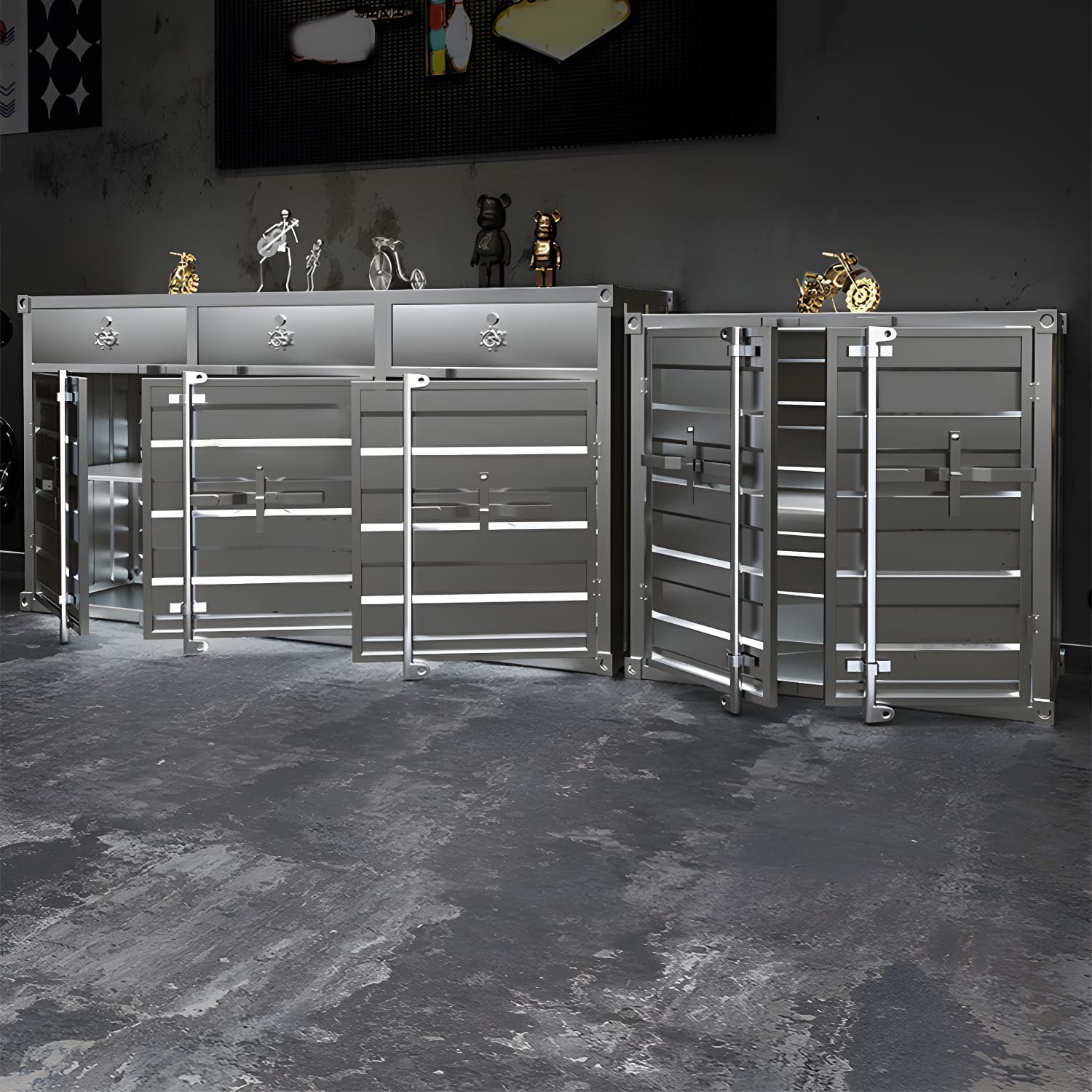 Industrial Silver Metal Sideboard Credenza with Cabinets and Shelves - image 3