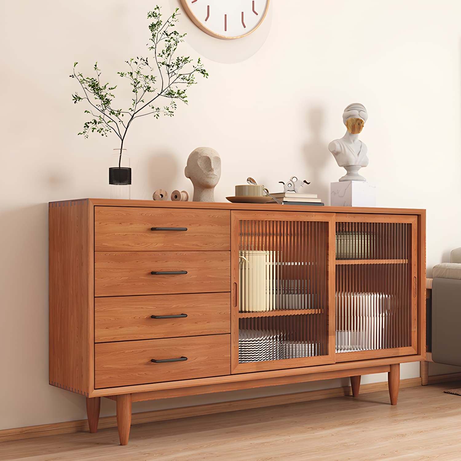 Mid-Century Modern Solid Wood Accent Cabinet with Glass Door
