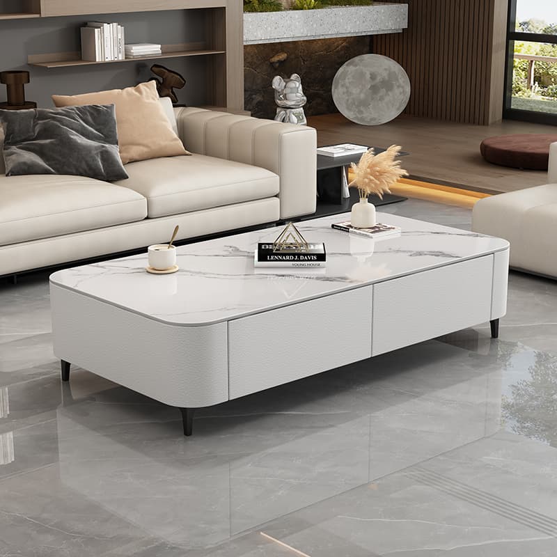 Four Leg Non-Upholstered Modern Metal Coffee Table with Storage and Drawers Standard Size
