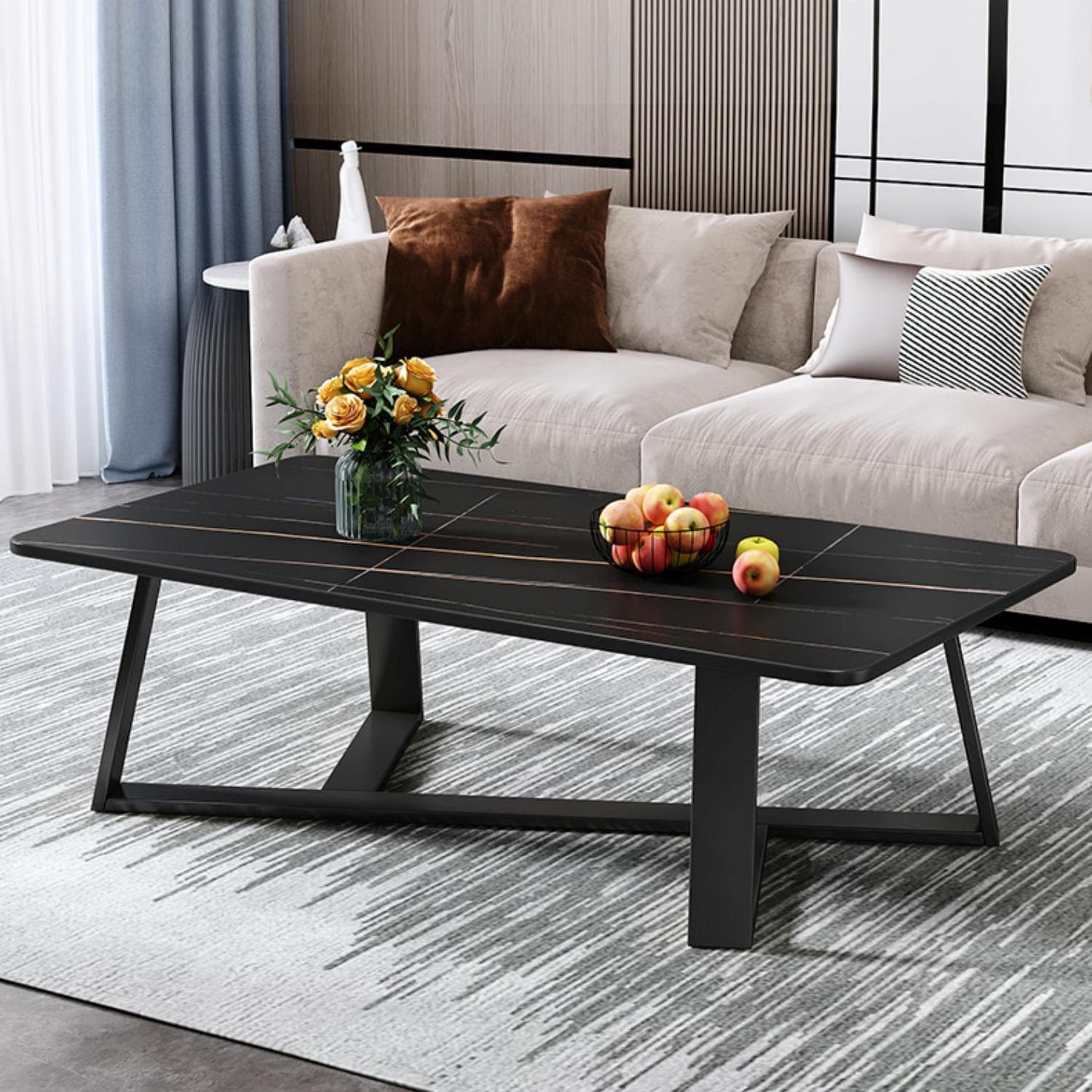Black Iron Base Stone Top Modern Coffee Table with Cross Legs - image 6