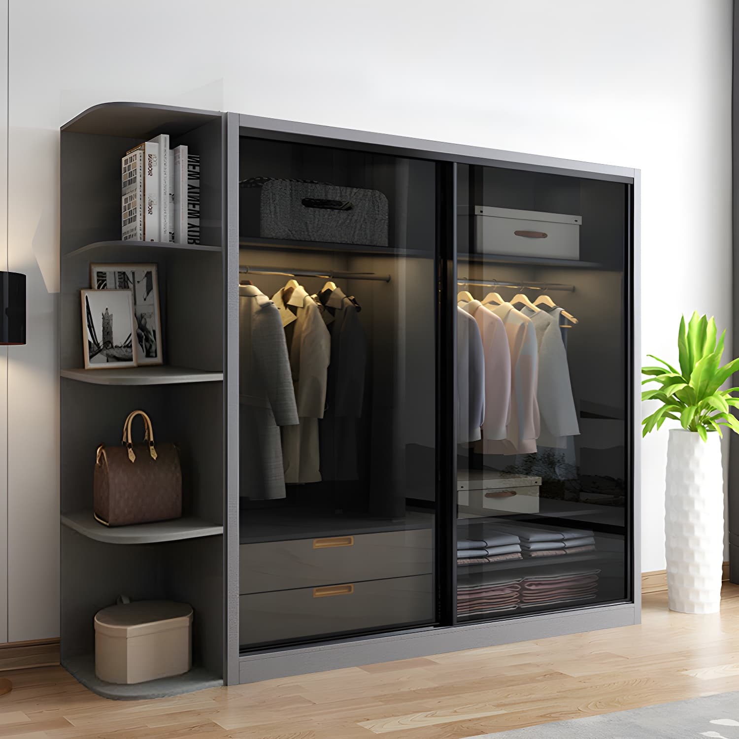 Black Wardrobe Cabinet Contemporary Glass Wardrobe Armoire for Home - image 4