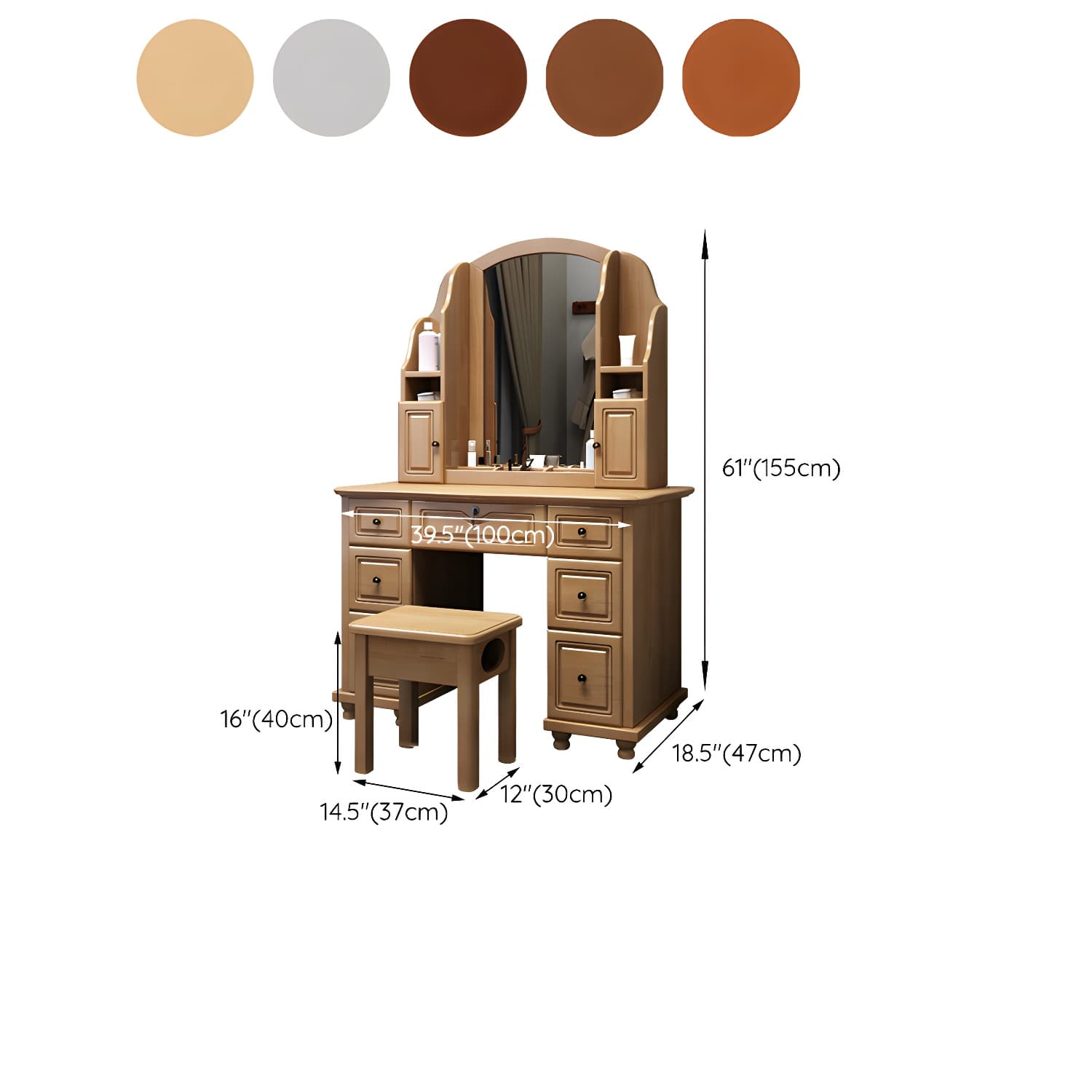 Traditional Solid Wood Makeup Dressing Table 60.23" H Vanity Set with Stool and Mirror - image 19