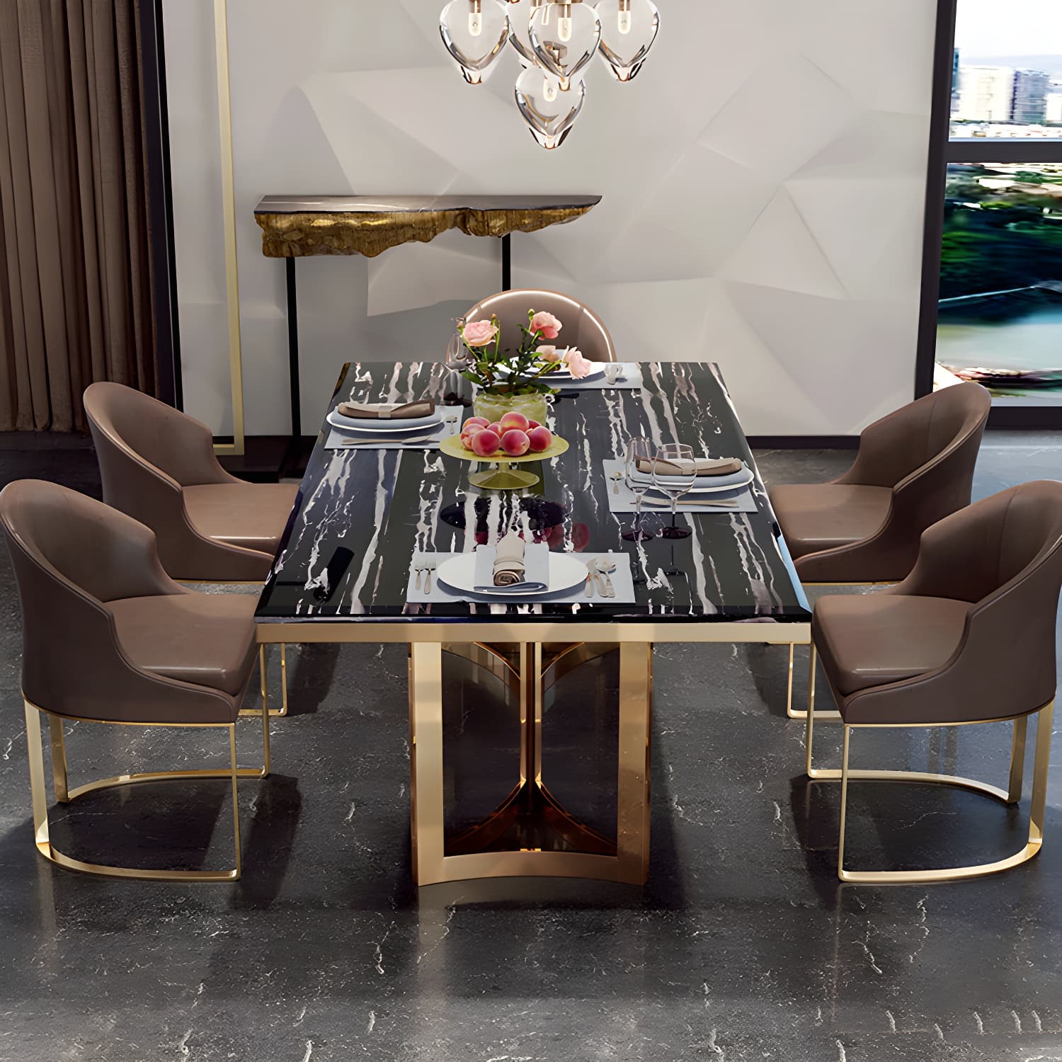 Traditional Luxury Dining Table Rectangle Double Pedestal Table with Gold Frame - image 14