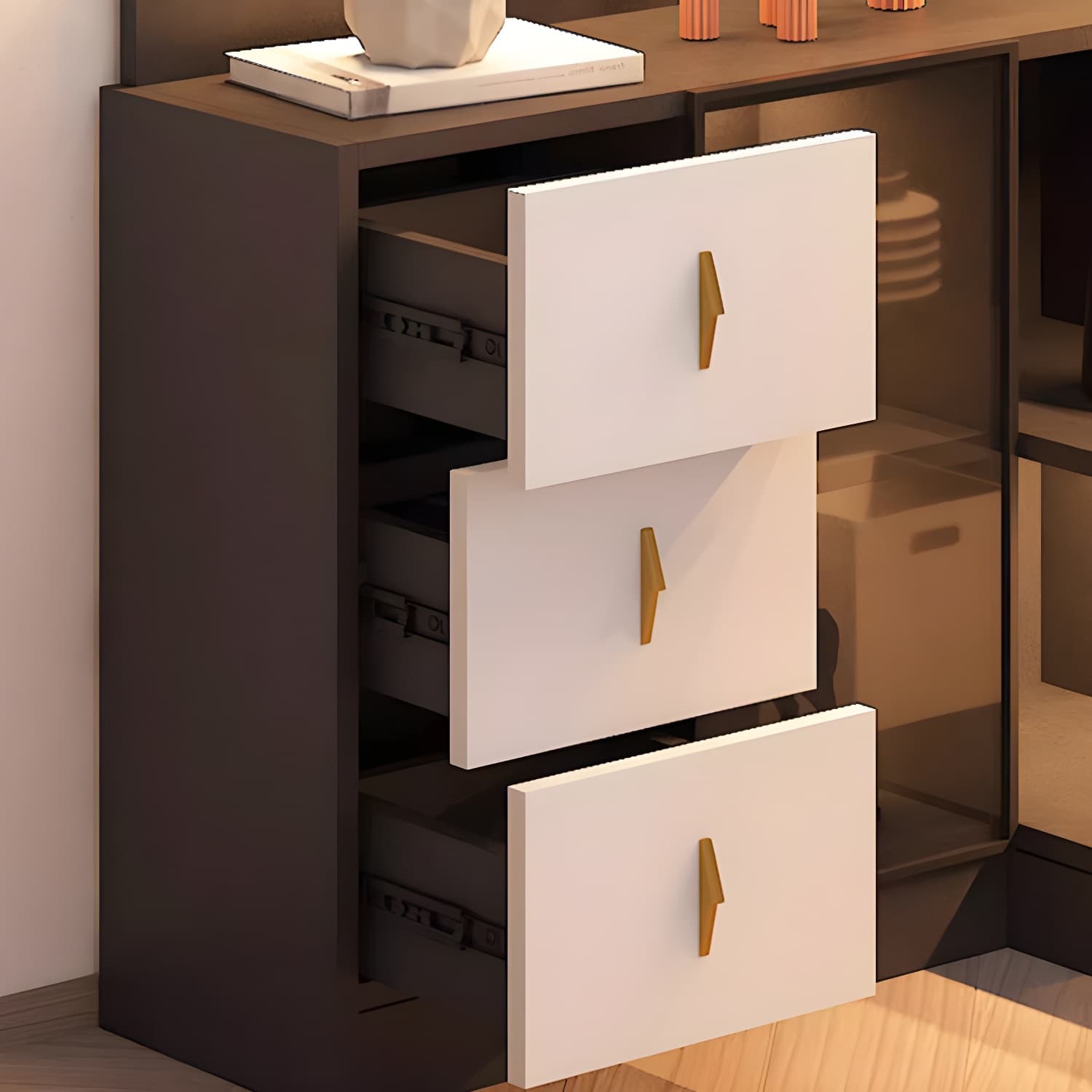 Corner Modern Accent Cabinet with Wood Counter Top, Glass Doors, Drawers, and Adjustable Shelves - image 8