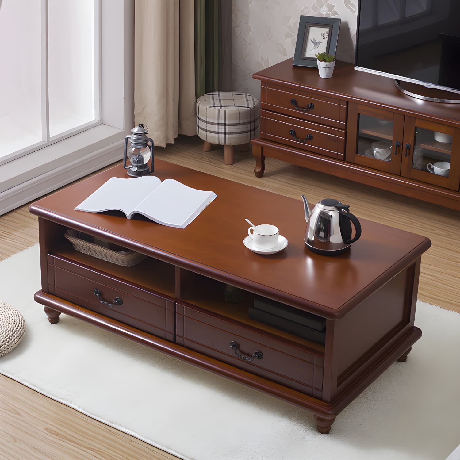 Modern Rectangular Wood Coffee Table with Drawers and Shelves for Stylish Storage