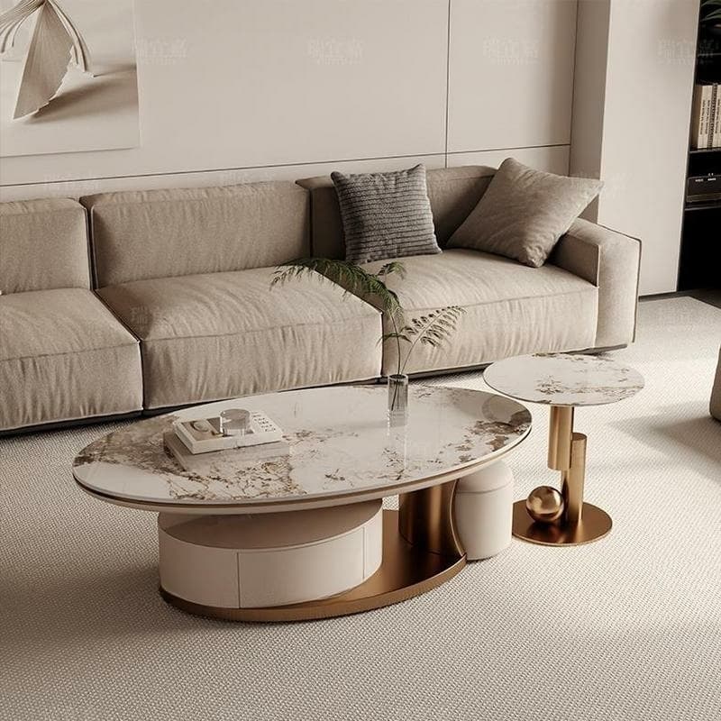Luxurious Oval Stone Cocktail Table in White with Storage Drawer - image 5