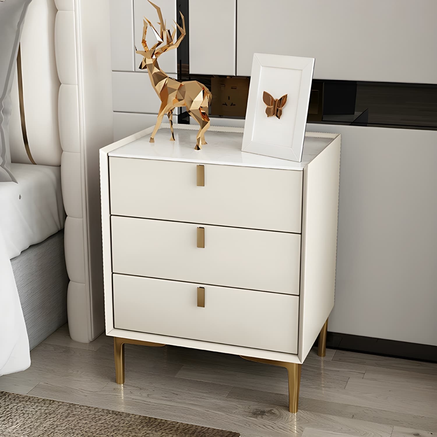 Glam Style Sintered Stone Top 3-Drawer Nightstand with Legs for Bedroom
