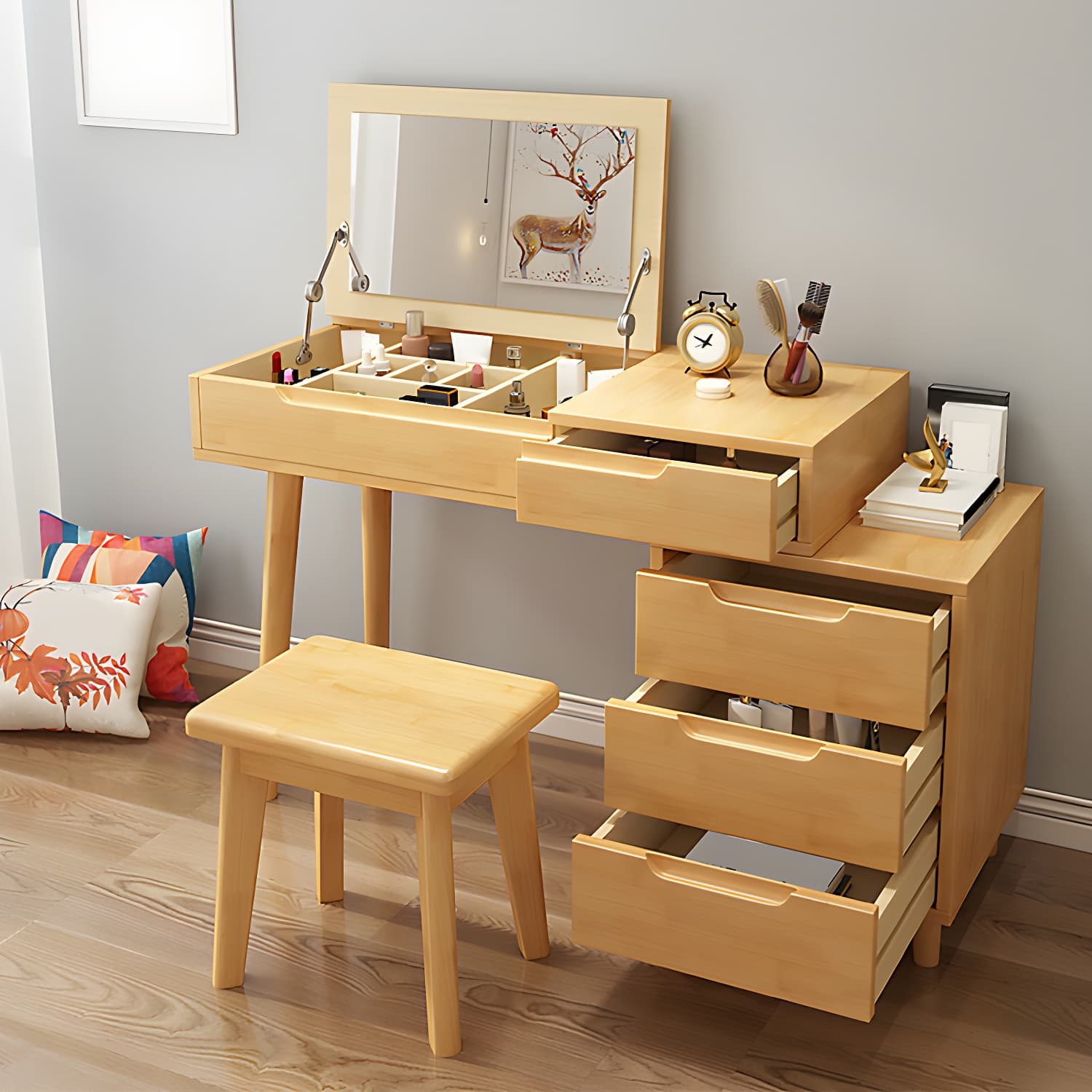 Solid Wood 1/4-Drawer Vanity Makeup Table with Mirror and Stool - 17.72" D - image 6