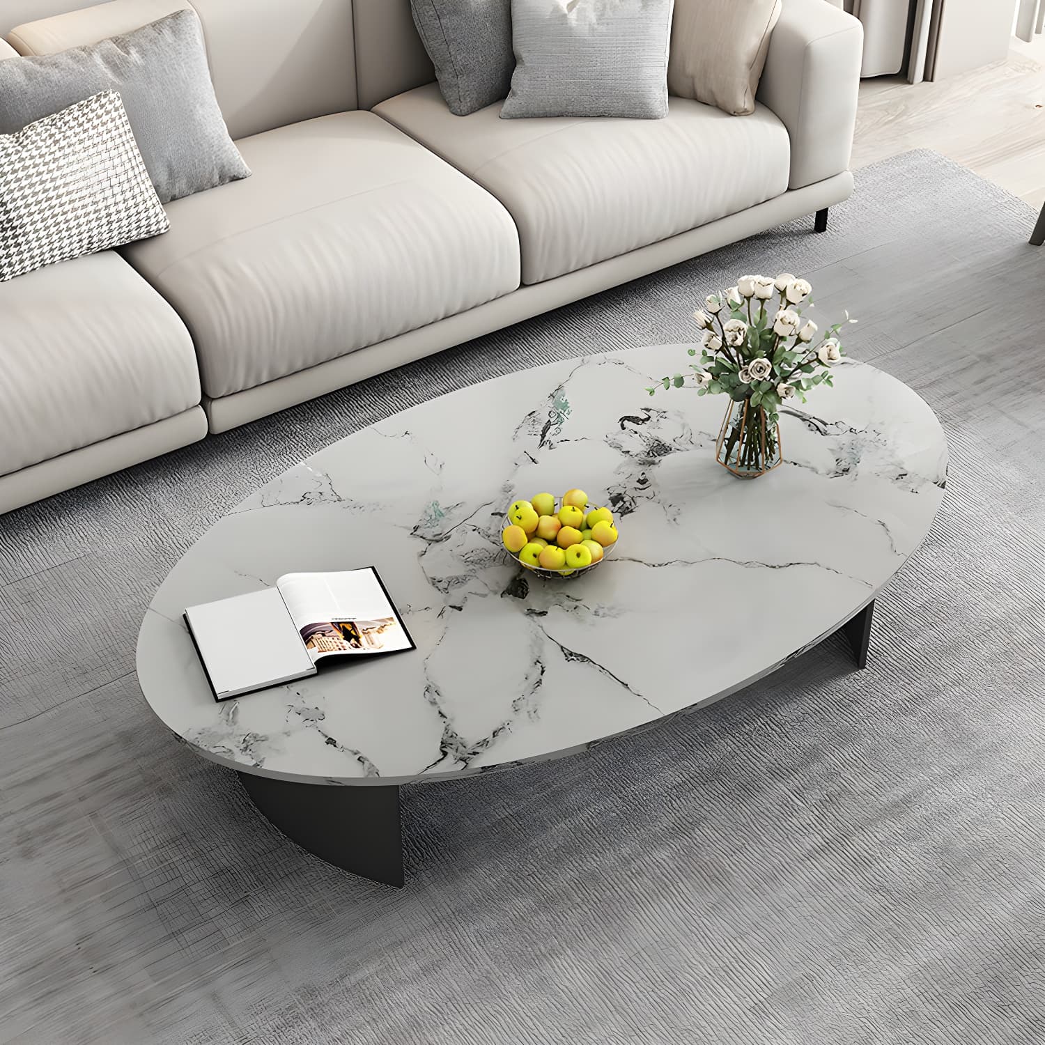 Oval Stone Modern Coffee Table with Double Pedestal Metal Base