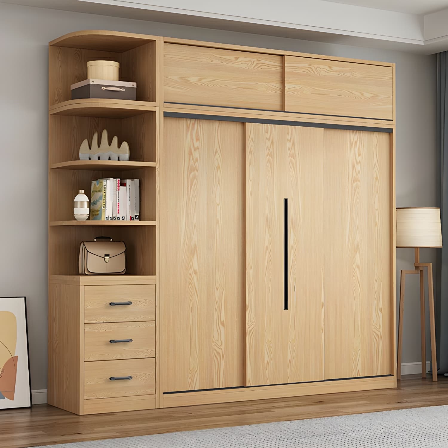 Contemporary Wood Sliding Cloth Rod Included Wardrobe for Bedroom - image 3