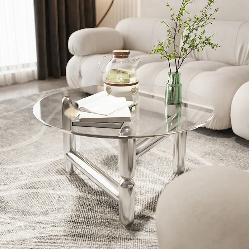 Sleek Silver Stainless Steel Coffee Table with Tempered Glass Top - image 4