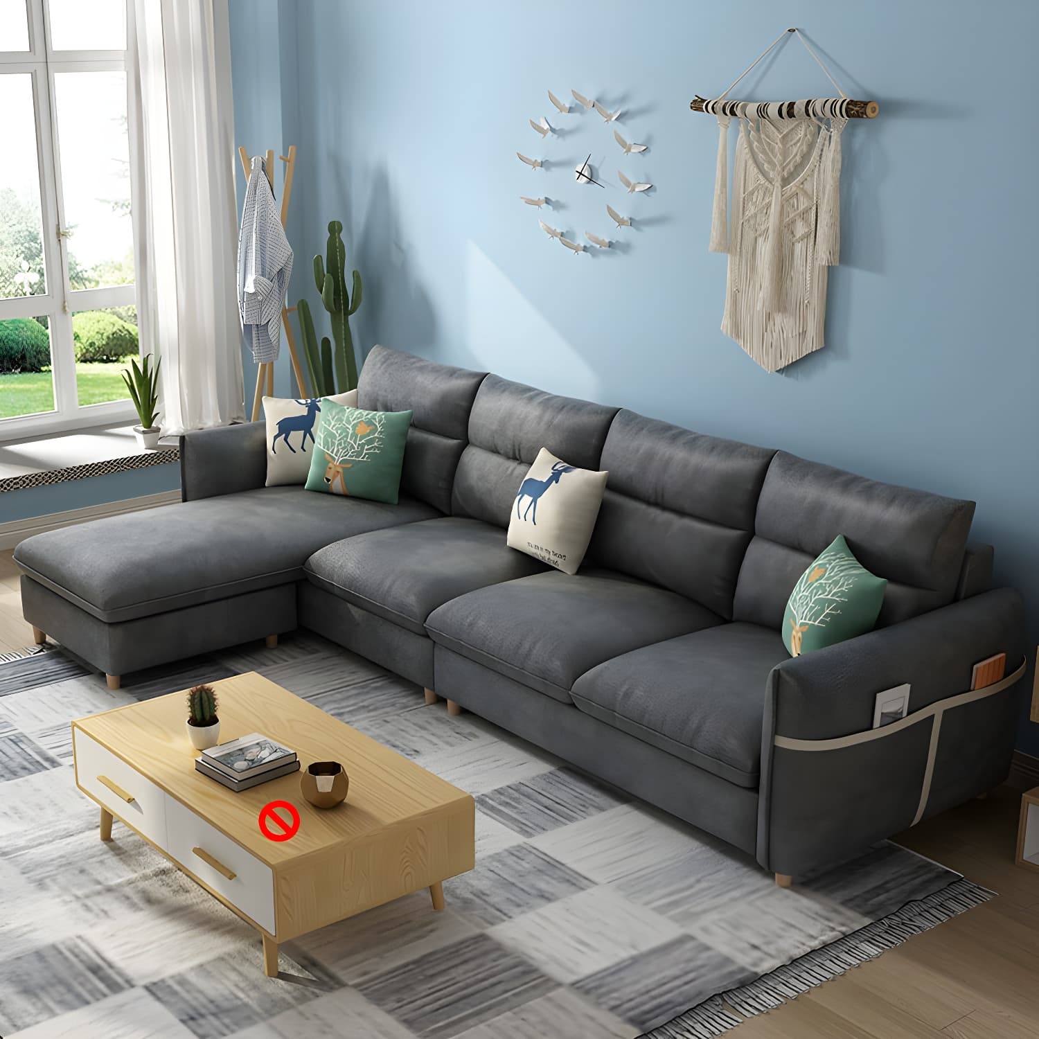 Scandinavian Modular L-Shape Sectional Sofa Chaise with Reversible Pine Wood Frame