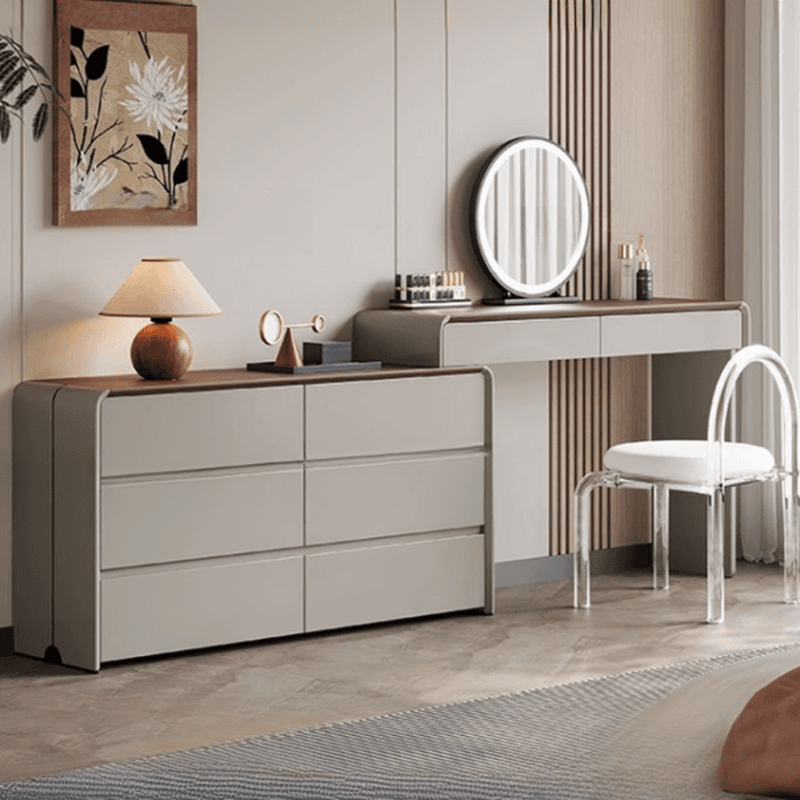 Large White Vanity Set with Upholstered Chair, 5/8 Drawers, Mirror Lights, Lighting, and Scalable Design