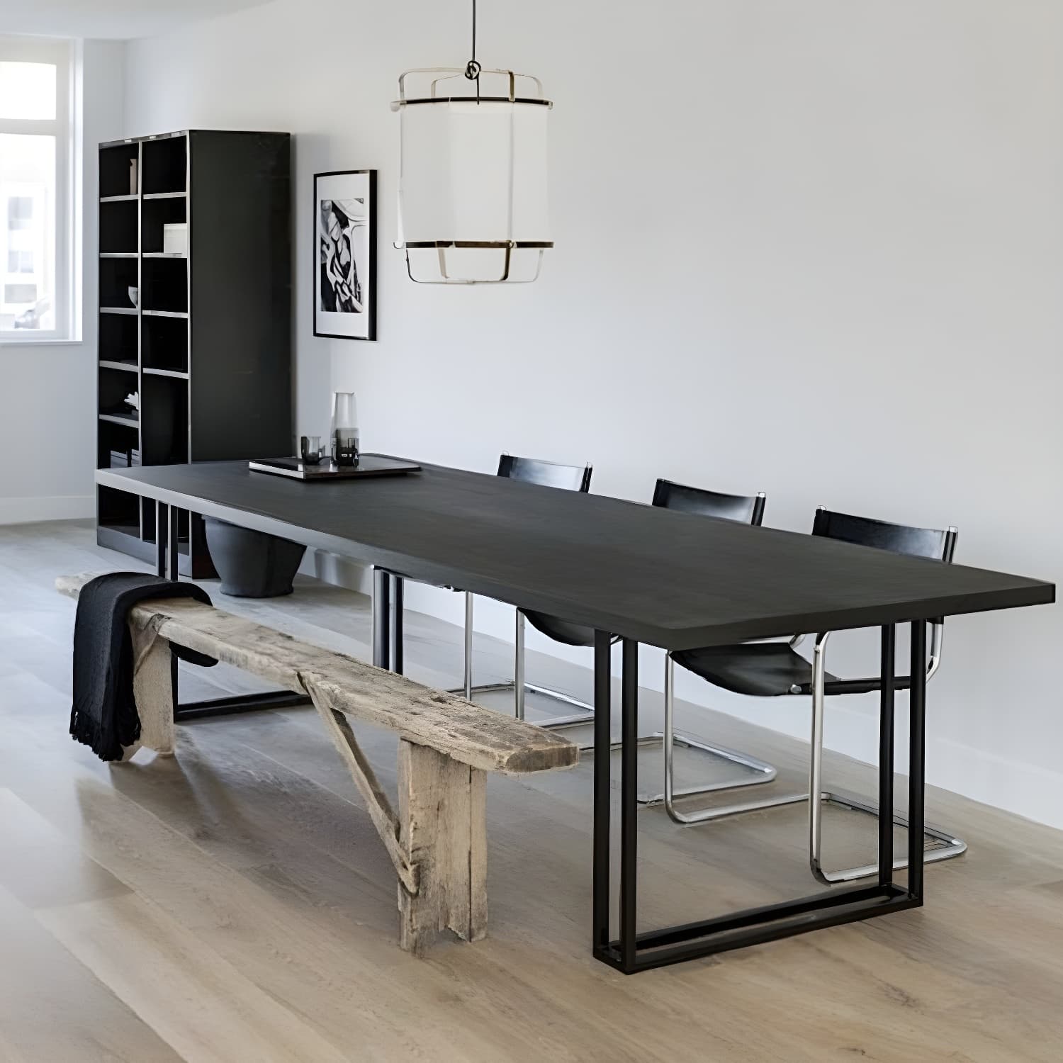 Rectangle Industrial Dining Table Solid Wood Double Pedestal Table with Metal Base - image 5