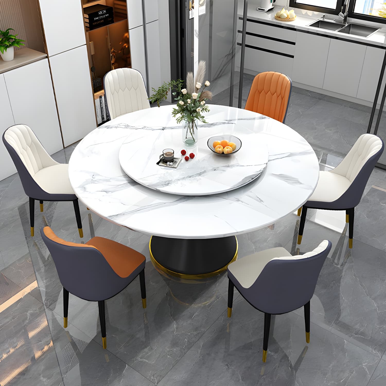 Stone Modern Round Dining Table with Black Steel Pedestal Base and Lazy Susan - image 13
