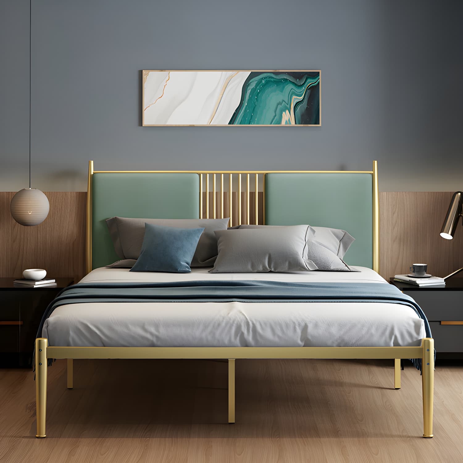 Golden Metal Bed Frame Set Glam 47.24" H Wire-Grid Open-Frame Bed with Headboard - image 4