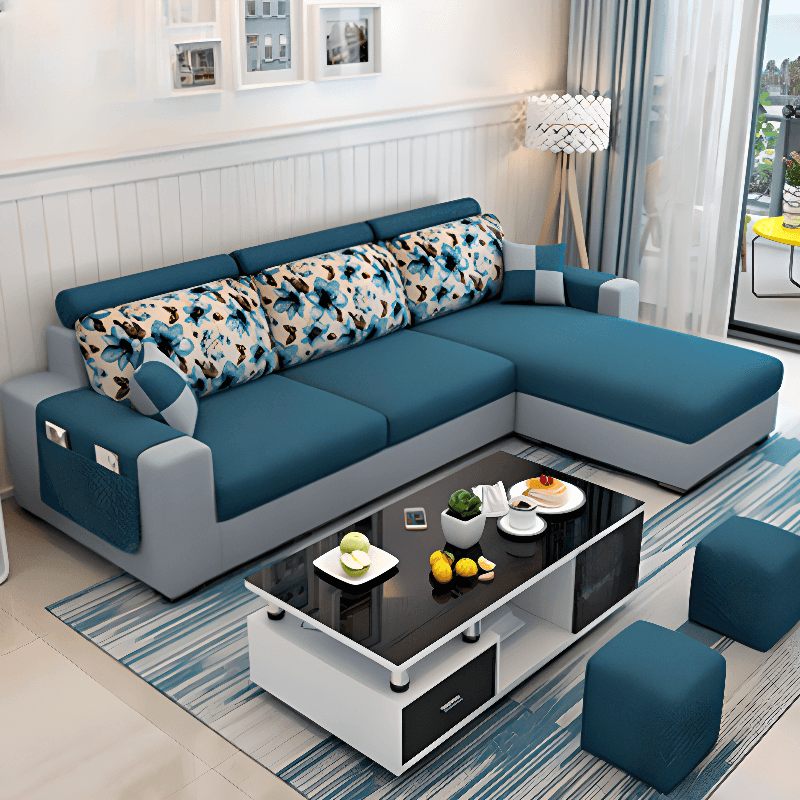 L-Shape Corner Sectional in Lavender/Olive Green/Beige with Left Hand Facing/Right Orientation