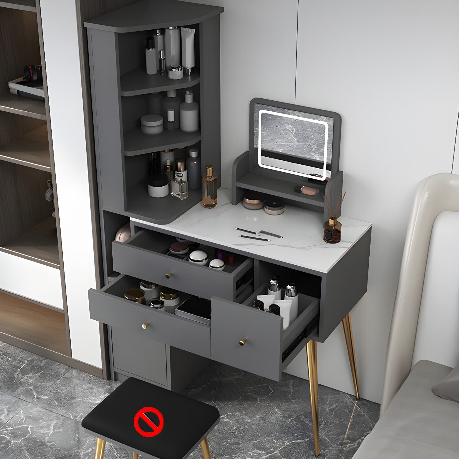 Glam Style Wood-based Material White/grey Dressing Table with Drawers and Storage Shelves