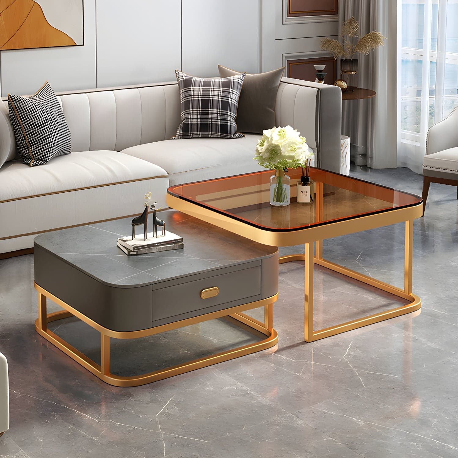 Modern Coffee Table Glass Top Square Nesting Coffee Table Set - image 6