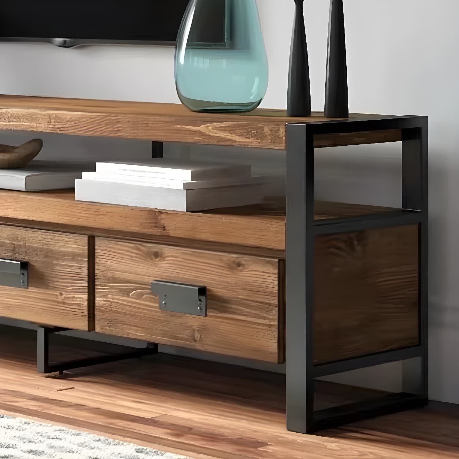 Brown Media Console with Shelves Industrial Pine Wood Top TV Media Stand - image 6