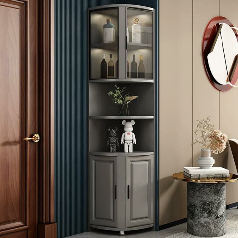 Modern Grey Corner Accent Cabinet with Gold Metal Base and Glass Doors