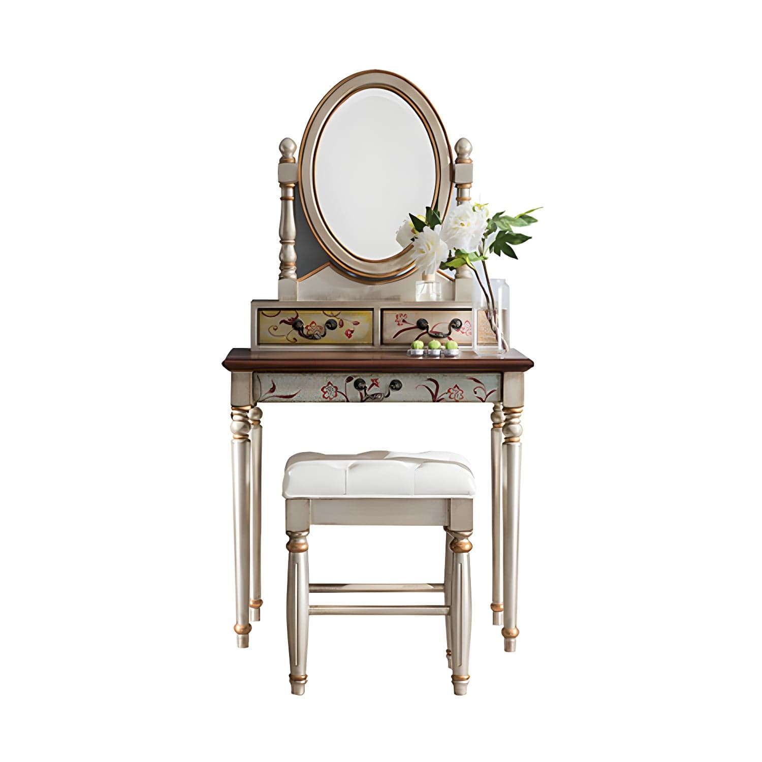 Victorian Vanity Set Solid Wood Drawers Included Makeup Dressing Table With Mirror & Stool - image 3
