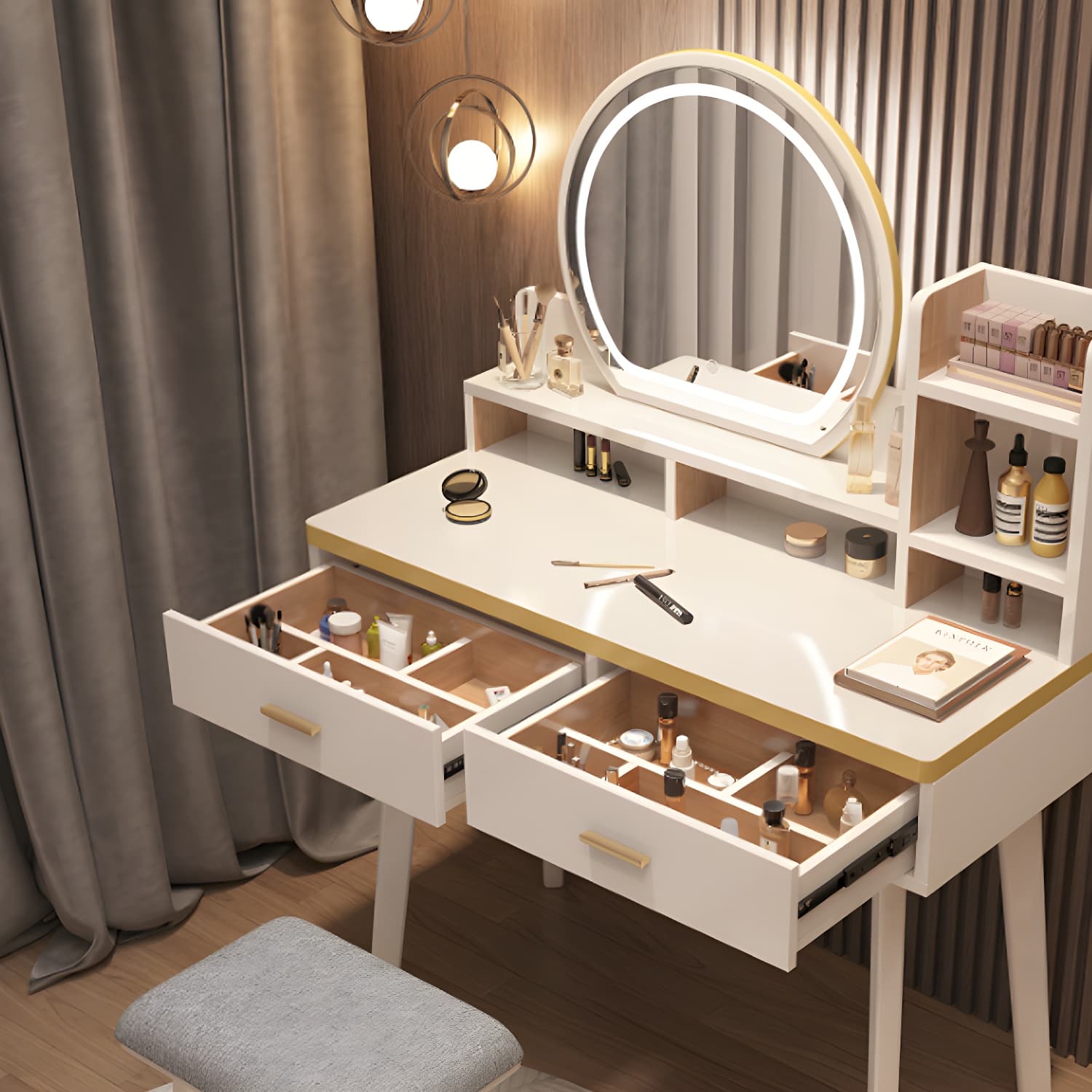 Traditional Bedroom With Drawer Solid Wood Lighted Mirror Make-up Vanity - image 9