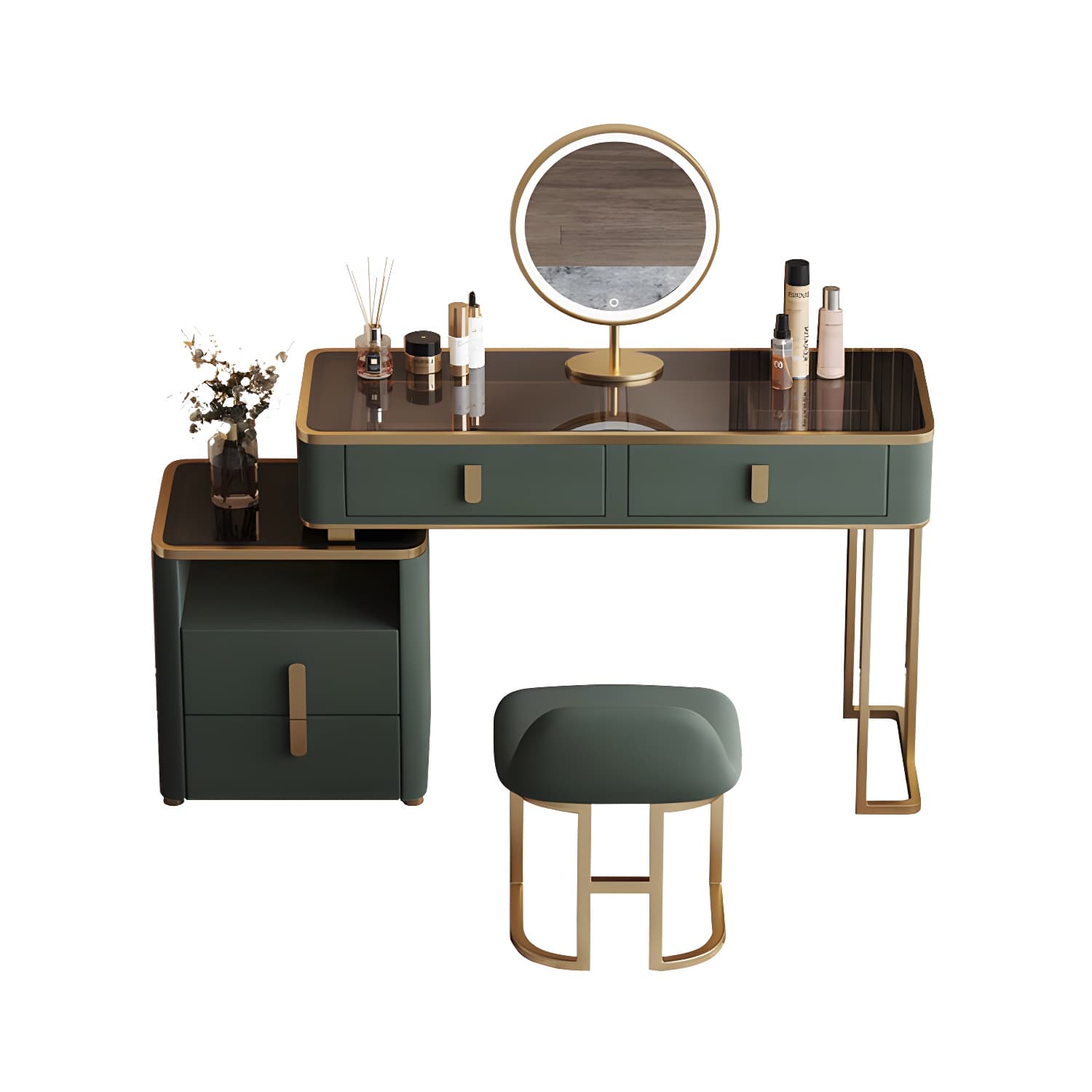 Glass Top Dressing Table Solid Wood Green Make-up Vanity with Drawers - image 11