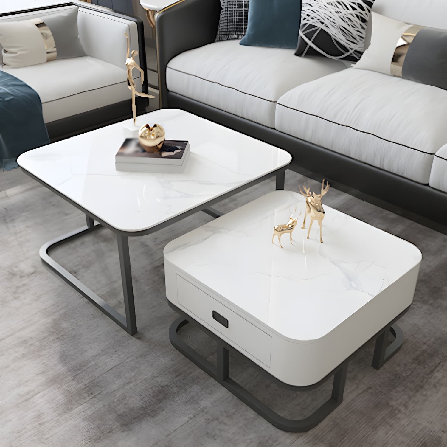 Round Slate/ Glass Coffee Table Frame 2 Nesting Cocktail Table with Storage - image 4