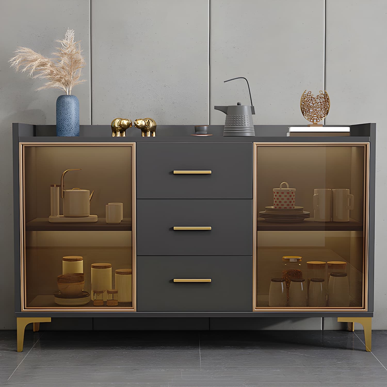 Wood Buffet Table Glam Style Side Board with Cabinets and Drawers - image 3