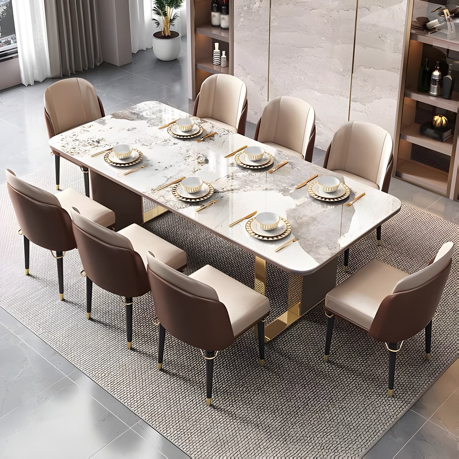 Luxury Sintered Stone Top Dining Set Rectangle 1/4/5/6/7/9 Pieces Dining Table with Chairs