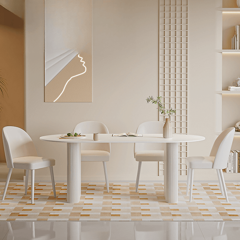 Oval Dining Table Set with Two-sided Pedestal, Enclosed Back, Fixed Table, Padded Chair, 5-piece in White