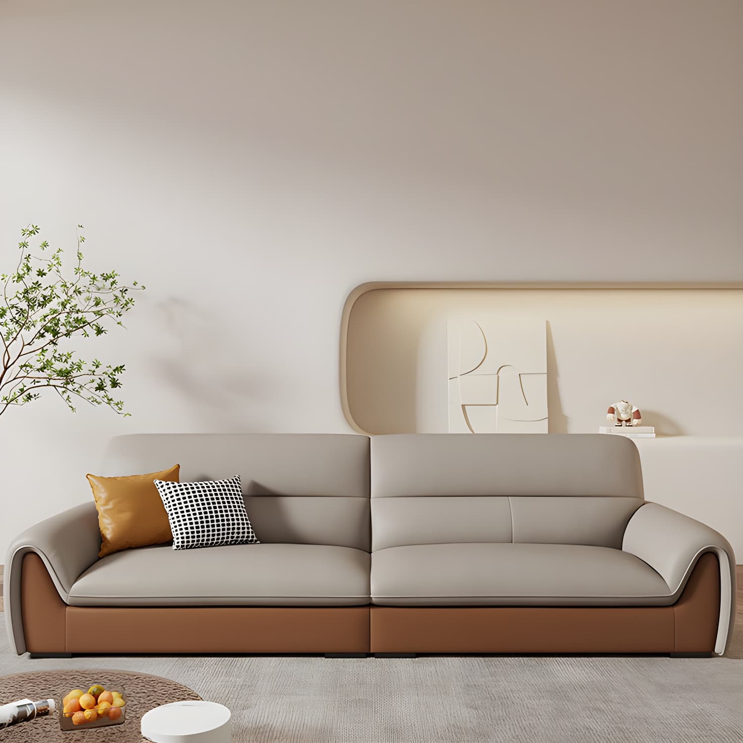 Modern Brown Leather Pillow Top Sectional Sofa with Wood Frame