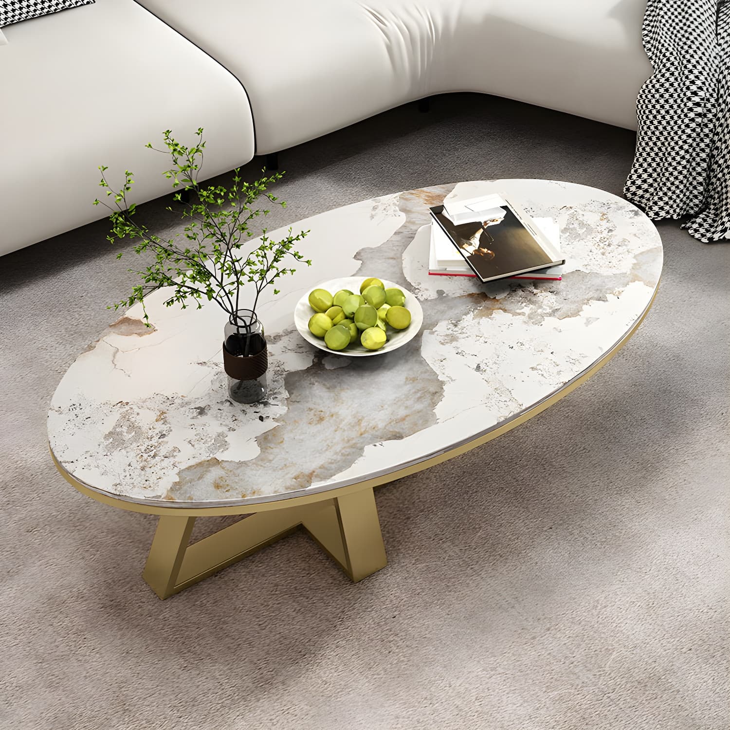 Metal Cross Legs Cocktail Table Luxurious Oval Stone Top Coffee Table - image 4