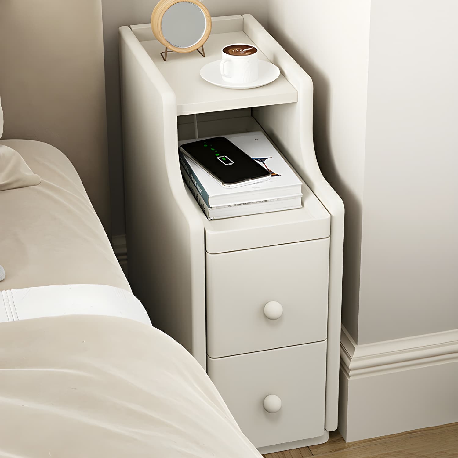 Modern Wood Open Storage Nightstand in Narrow Design with Drawers - image 4