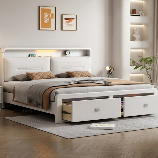 Modern Style Solid Wood Bed Arched Panel Upholstered Headboard Bed for Bedroom - image 3