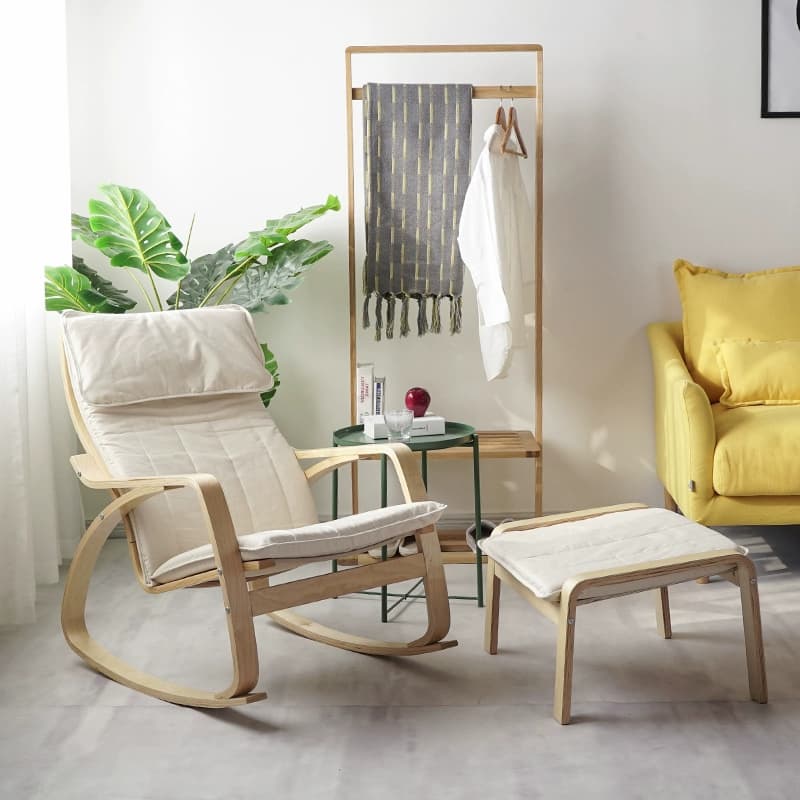 Modern Upholstered Rocking Chair Set with Track Arms and Matching Ottoman