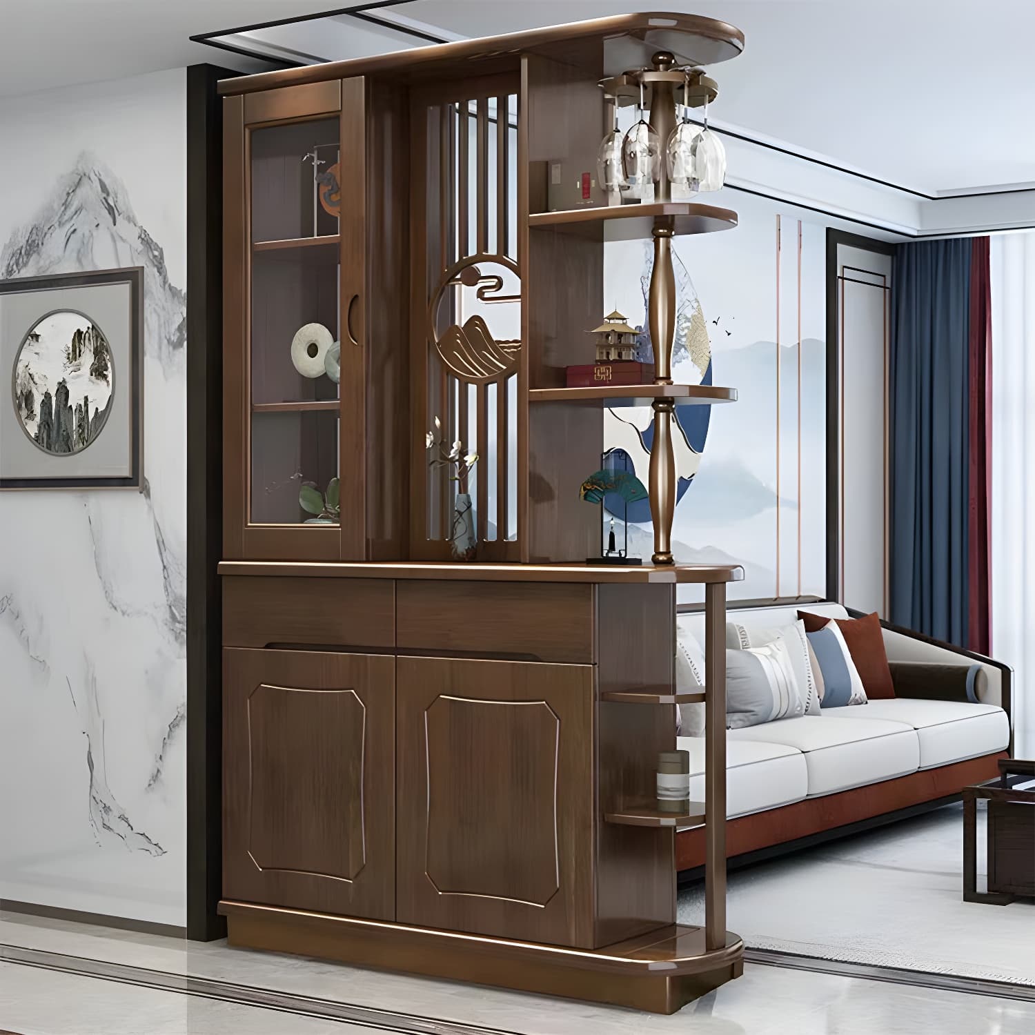 Mid-Century Modern Solid Wood Rectangle Accent Cabinet Glass Paned with Shelves - image 7