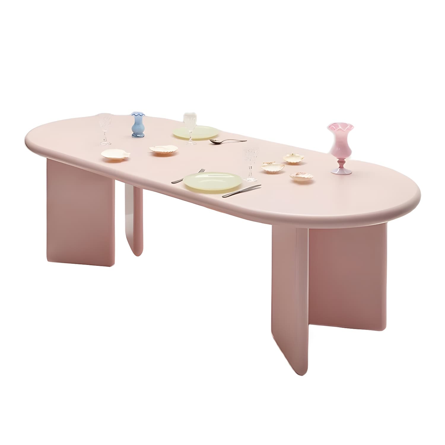 Modern Style Dining Table Oval Solid Wood Dining Table with Double Pedestal Base
