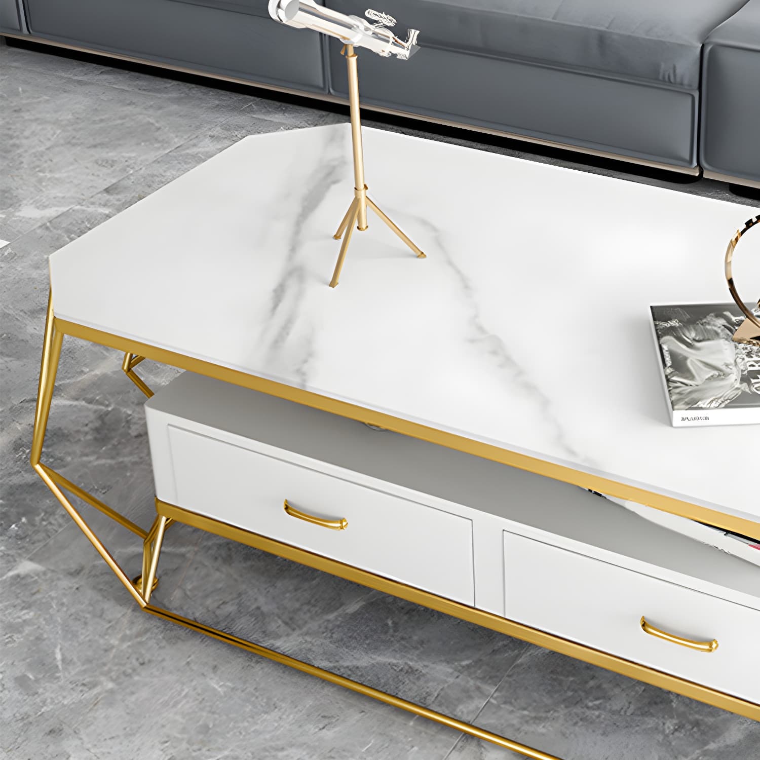 Glam Golden Frame Coffee Table with Storage Drawers Cocktail Table - image 9