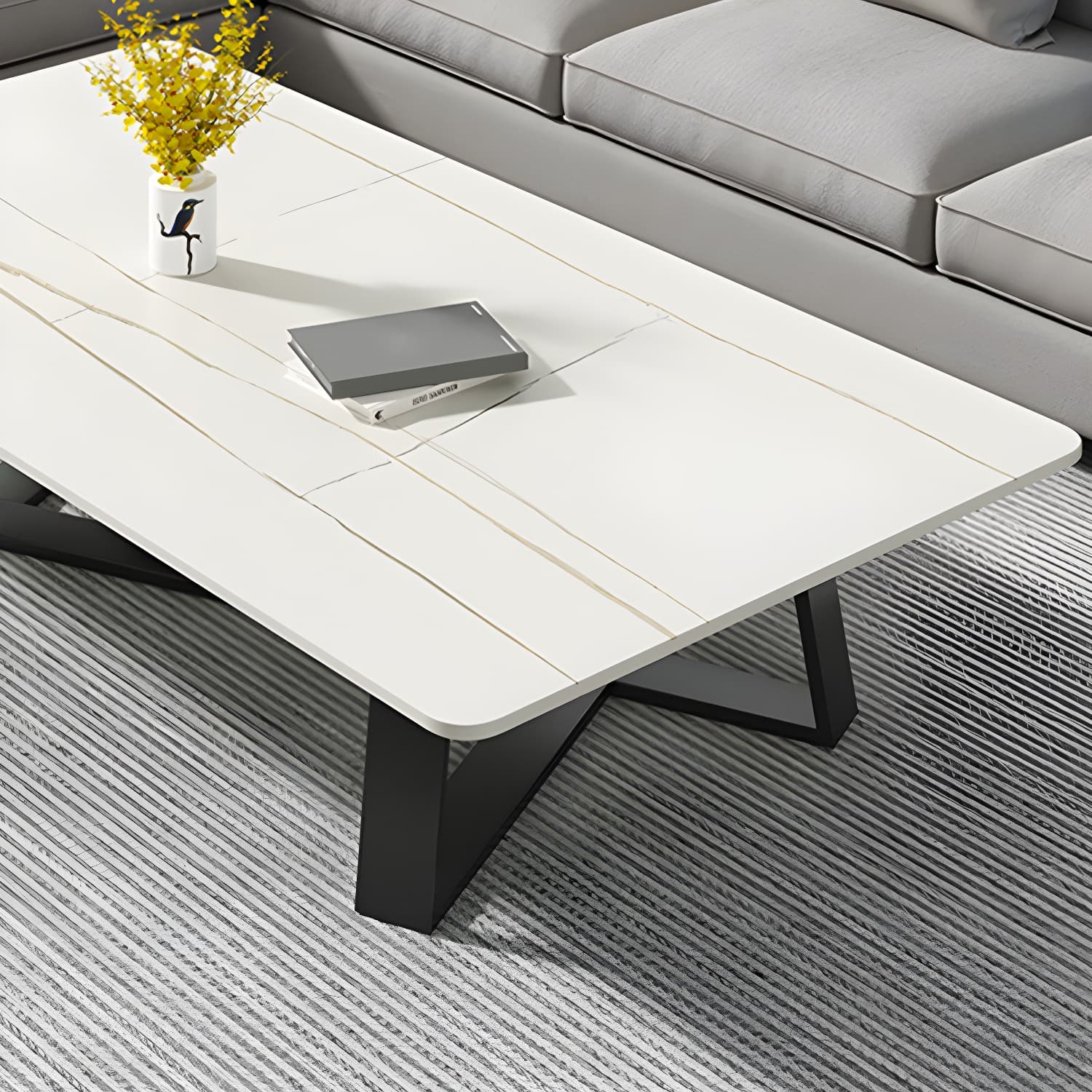 Stone and Metal Coffee Table Contemporary Coffee or End Table with Cross Legs - image 13